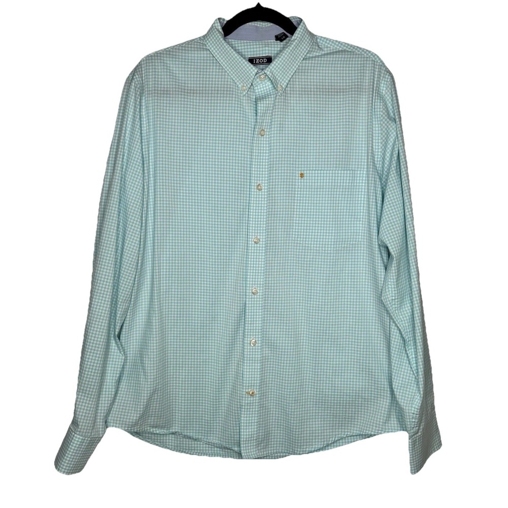 IZOD‎ Non-Iron Stretch Shirt Mens LG Aqua Blue White Gingham Check Button Down